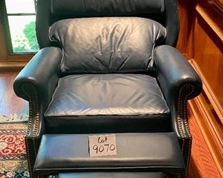 Lot 9070. $350.00 Lazy Boy Classics Blue Leather Recliner with Nailhead Trim, (manual recliner is not a wall hugger either) - 32" w x 42"T x 38" deep