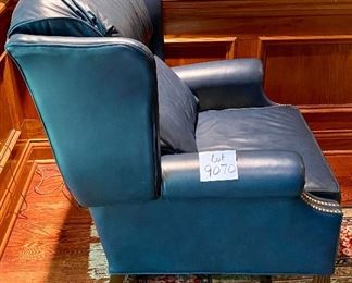 Lot 9070. $350.00 Lazy Boy Classics Blue Leather Recliner with Nailhead Trim, (manual recliner is not a wall hugger either) - 32" w x 42"T x 38" deep
