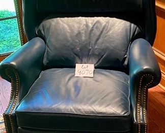 Lot 9070. $350.00 Lazy Boy Classics Blue Leather Recliner with Nailhead Trim, (manual recliner is not a wall hugger either) - 32" w x 42"T x 38" deep