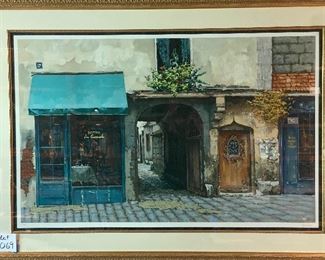 Lot 9069. $425.00. Signed & Numbered Lithograph by Victor Shvaiko, in gold frame.  This is an artist proof, #7/40 depicting a French Bistro Street Scene.  Measures 62" w x 44" t. Selling online for $1500 or better.