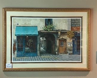 Lot 9069. $425.00. Signed & Numbered Lithograph by Victor Shvaiko, in gold frame.  This is an artist proof, #7/40 depicting a French Bistro Street Scene.  Measures 62" w x 44" t. Selling online for $1500 or better.