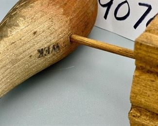 Lot 9076.$35.00. Carved Wood Shorebird on a wood stick and Square Base.  Initialed by WEK - 10.5" W x 9" T x 4" D