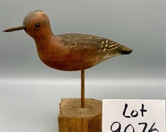 Lot 9076.$35.00. Carved Wood Shorebird on a wood stick and Square Base.  Initialed by WEK - 10.5" W x 9" T x 4" D
