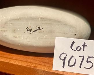 Lot 9075. $55.00. Roy Smith signed Long Neck White Goose Decoy, measures 14" W x 9.5" T x 5" D.  Really pops on a Dark Shelf.