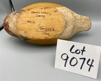 Lot 9074.   $45.00. Signed Thorsen painted wooden  Drake  Duck Decoy, c. 1982. 12" L  x  6" T x 6" D  Chipped Beak