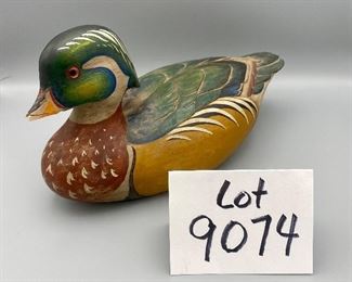 Lot 9074.   $45.00. Signed Thorsen painted wooden  Drake  Duck Decoy, c. 1982. 12" L  x  6" T x 6" D  Chipped Beak