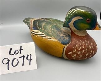 Lot 9074.   $45.00. Signed Thorsen painted wooden  Drake  Duck Decoy, c. 1982. 12" L  x  6" T x 6" D  Chipped Beak