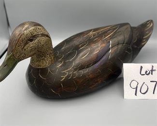 Lot 9073. $75.00. Carved and Stained Mallard Decoy with Painted Accents 18"w x 7.5" deep x 7" tall. A super nice decoy!