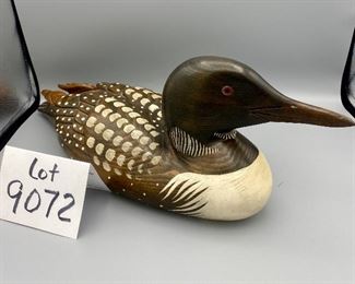 Lot 9072. $68.00. Bob Hayden signed Windy Creek Inc. Painted Loon Decoy has brass ID medallion, c. 1987-88,  18" w x 7"d x 6.5" tall. Cool Decoy.  