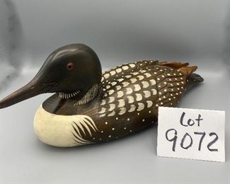 Lot 9072. $68.00. Bob Hayden signed Windy Creek Inc. Painted Loon Decoy has brass ID medallion, c. 1987-88,  18" w x 7"d x 6.5" tall. Cool Decoy.  