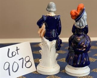 Lot 9078. $30.00. Victorian Hand -Painted Man & Woman Figurines in Coblt Blue Clothing and Gold accents. 7" tall.  