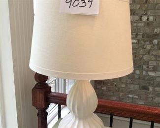 Lot 9039. $40.00. White Porcelain double decker ribbed base lamp with creamy white shade.  Measures 24.75" tall, x 12" diameter wide at top. of shade.  Excellent Condition. 