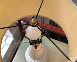 Lot 9039. $40.00. White Porcelain double decker ribbed base lamp with creamy white shade.  Measures 24.75" tall, x 12" diameter wide at top. of shade.  Excellent Condition. 