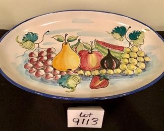 Lot 9113.  $95.00. Here is a beautiful hand-painted platter from Italy, with a gorgeous fruit pattern and muted blue rim.  24" x 15"