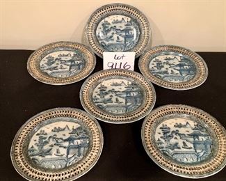 Lot 9116. $100.00  6 pierced-edge oval plates from Toms-Price all with an Asian countryside scene.  These plates are great for decoration and one has been repaired.	9" x 8" 