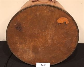 Lot 9117. $95.00  Antique wooden grain measure, with metal seals on the seams and a leather handle.  	20" Di x 13" T