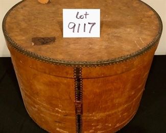 Lot 9117. $95.00  Antique wooden grain measure, with metal seals on the seams and a leather handle.  	20" Di x 13" T