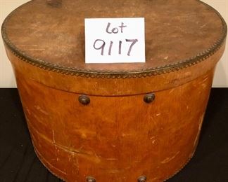 Lot 9117. $95.00  Antique wooden grain measure, with metal seals on the seams and a leather handle.  	20" Di x 13" T