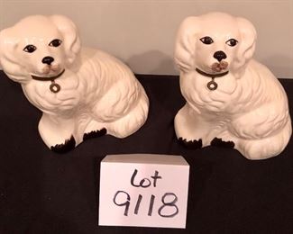 Lot 9118.  $30.00 Pair of adorable white Staffordshire dogs, in great condition.	7.5" T x 6" W