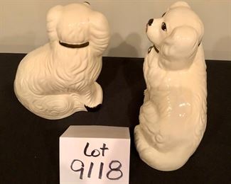Lot 9118.  $30.00 Pair of adorable white Staffordshire dogs, in great condition.	7.5" T x 6" W