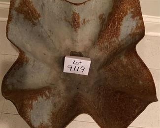 Lot 9119.  $48.00 Interesting ruffled edged, metal pedestal planter. Planter has aged outdoors which adds to its appeal.	20" sq x 19" T