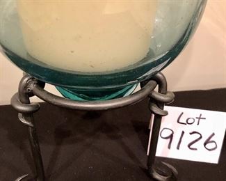 Lot 9126. $45.00.  Pottery Barn hurricane, pillar candle holder on metal stand. Candle included.  	14.5" T x 10" diam