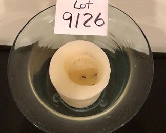 Lot 9126. $45.00.  Pottery Barn hurricane, pillar candle holder on metal stand. Candle included.  	14.5" T x 10" diam
