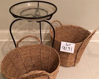 Lot 9131. $40.00 Tripod, metal plant stand with plastic tray and two woven, handled pant baskets.	stand 20.5" T x 12.5" W