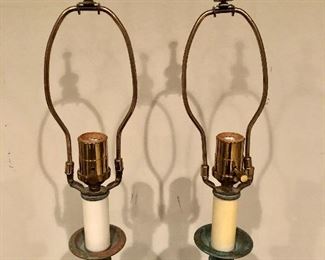 Lot 9130. $120.00  Pair of  Remington candlestick table lamps, brass with aged verdi gris coloring.  	30" T on 5" sq base