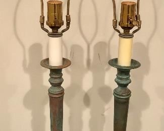 Lot 9130. $120.00  Pair of  Remington candlestick table lamps, brass with aged verdi gris coloring.  	30" T on 5" sq base