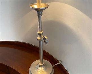 Lot 9169. $225.00 Williams Sonoma Home cream and wood finish 3 drawer oval shaped desk.  The desk comes with an oval bench upholstered in striped fabric.  Unusual and so feminine.  