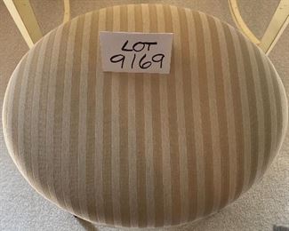 Lot 9169. $225.00 Williams Sonoma Home cream and wood finish 3 drawer oval shaped desk.  The desk comes with an oval bench upholstered in striped fabric.  Unusual and so feminine.  