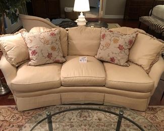 Lot 9177.  $495.00. Sherrill upholstered, cream color, skirted sofa with 4 decorative pillows  84" W x 36"  x 42" D. Fabulous!  