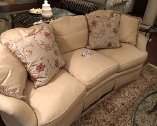 Lot 9177.  $495.00. Sherrill upholstered, cream color, skirted sofa with 4 decorative pillows  84" W x 36"  x 42" D. Fabulous!  