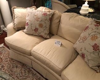Lot 9177.  $495.00. Sherrill upholstered, cream color, skirted sofa with 4 decorative pillows  84" W x 36"  x 42" D. Fabulous!  