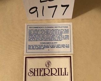 Lot 9177.  $495.00. Sherrill upholstered, cream color, skirted sofa with 4 decorative pillows  84" W x 36"  x 42" D. Fabulous!  