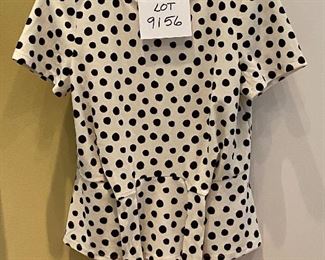 Lot 9156.  $28.00 Talbots blouse, white with black polka dot, cute front tie.  Size Large	