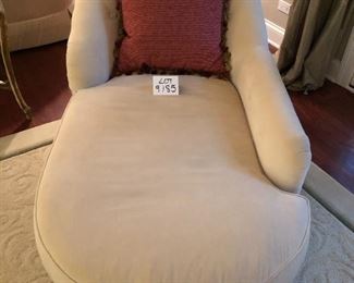 Lot 9185.  $675.00 Vanguard, Beige, velveteen chaise lounge.  In wonderful condition, it begs for an afternoon of book reading.  Includes a cranberry colored pillow..