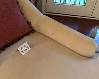 Lot 9185.  $675.00 Vanguard, Beige, velveteen chaise lounge.  In wonderful condition, it begs for an afternoon of book reading.  Includes a cranberry colored pillow..