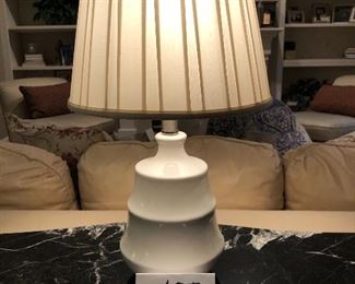 Lot 9187.  $42.00 White ceramic table lamp with shade and clear marble finial.	20" H x 11" W x 6" base