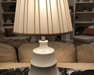 Lot 9187.  $42.00 White ceramic table lamp with shade and clear marble finial.	20" H x 11" W x 6" base