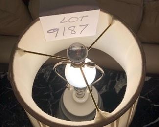 Lot 9187.  $42.00 White ceramic table lamp with shade and clear marble finial.	20" H x 11" W x 6" base