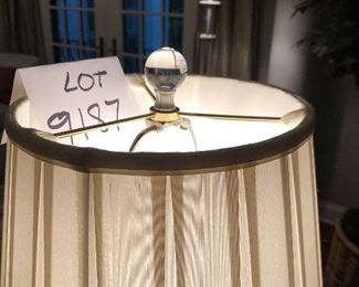 Lot 9187.  $42.00 White ceramic table lamp with shade and clear marble finial.	20" H x 11" W x 6" base