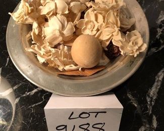 Lot 9188.  $15.00 Pottery Barn silver colored tray/low bowl with botanical potpourri.