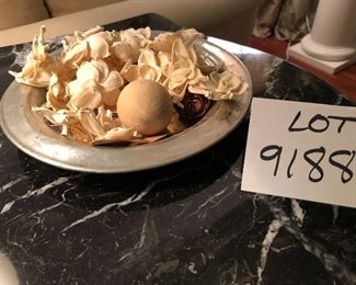 Lot 9188.  $15.00 Pottery Barn silver colored tray/low bowl with botanical potpourri.