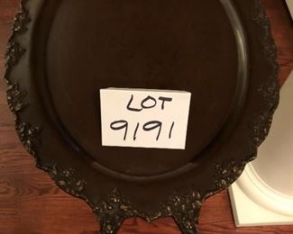 Lot 9191. $125.00 This interesting side table is actually a very heavy, handled tray that sits on a stand that is equally sturdy and attractive.  Note the bamboo leg design.	25.5" W x 15.5" D x 26" H