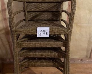 Lot 9193.  $120/set of 4  This set of 4 outdoor wicker chairs is unbranded, but of very good quality.  The outdoor wicker is tightly woven, shows no signs of wear and presents beautifully in a muted shade of taupe.	each chair: 22" W x 21" D x 35" H at the back