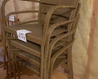 Lot 9193.  $120/set of 4  This set of 4 outdoor wicker chairs is unbranded, but of very good quality.  The outdoor wicker is tightly woven, shows no signs of wear and presents beautifully in a muted shade of taupe.	each chair: 22" W x 21" D x 35" H at the back