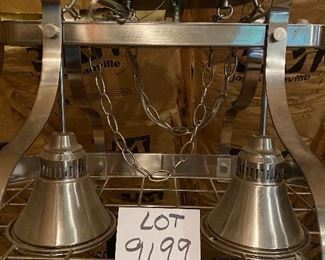 Lot 9199.  $125.00 Great stainless steel double light fixture and pot rack.  The clean lines of this piece lend themselves to just about any decor and would look great over an island cook top.	" D x 16"T