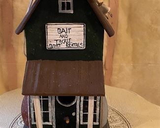 Lot 9204.  $75.00 Cute  Bait and Tackle Shop motif lamp.  So fun for your Up-North Cabin or your city family room with lake appeal.  Or to remind you of your wish list dream for retirement, lol!	28" T on an 8"x8" base